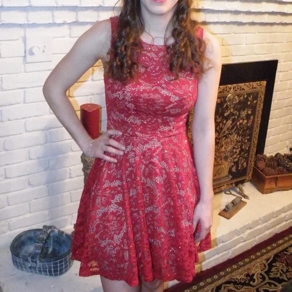 B Darlin Dresses Juniors 56 Red Formal Short Dress Lace